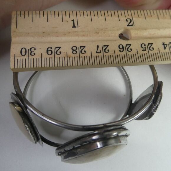 Silver Tone Wide Cuff Bracelet Large Chunky Mother of Pearl Shell Egg Teardrop - Picture 11 of 12